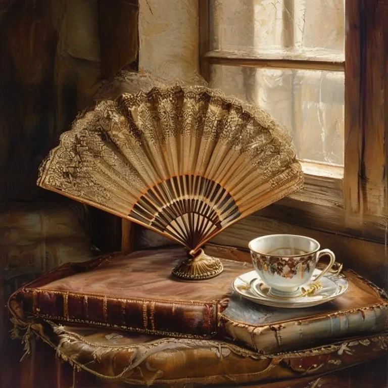 Pintura vintage de un abanico español de encaje y madera tallada sobre un cojín de terciopelo, con un libro antiguo y una taza de té.