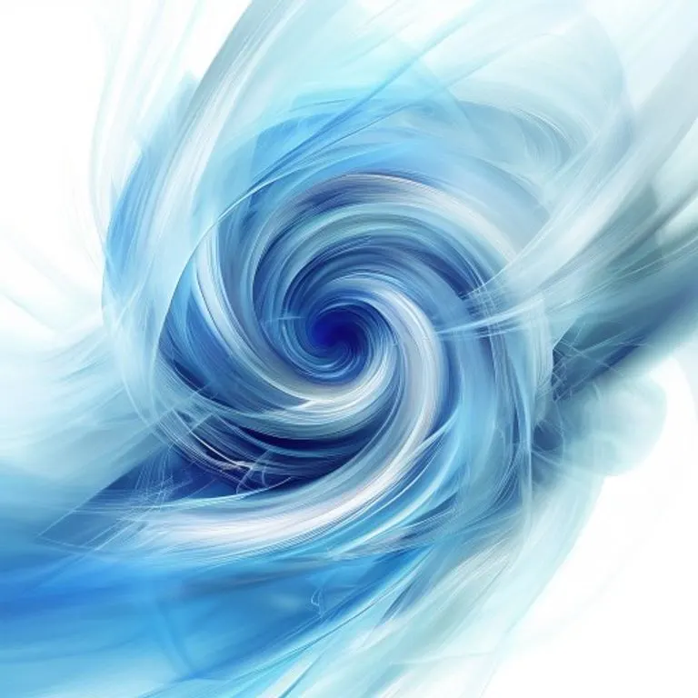 Ilustración digital abstracta de un torbellino de corrientes de aire azules y blancas, con líneas dinámicas y gradientes suaves que transmiten movimiento y frescura.