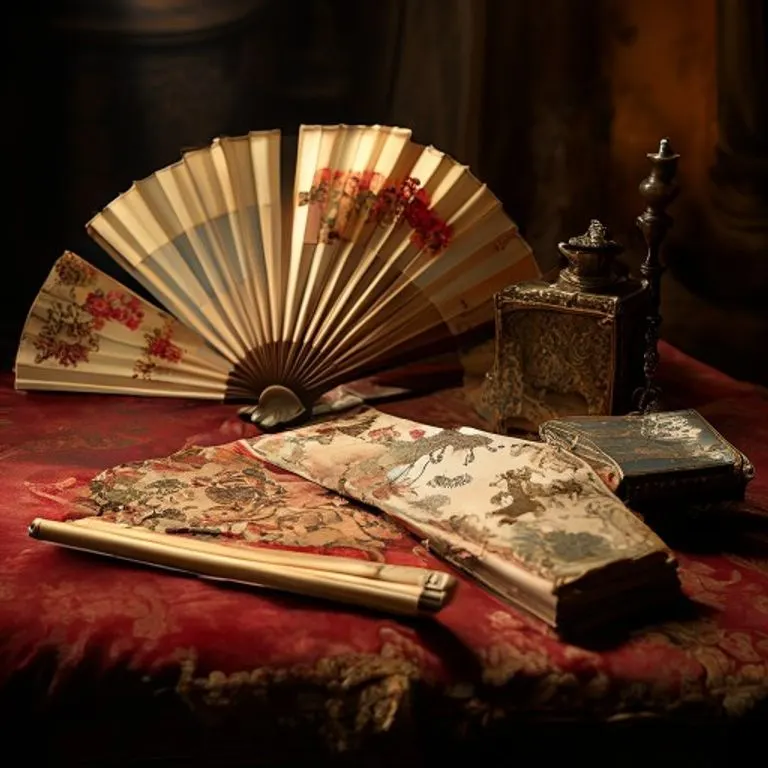 Representación de componentes históricos de un abanico, incluyendo varillas de marfil y seda pintada.