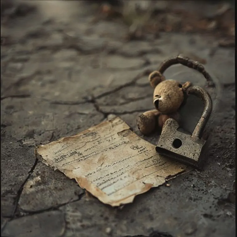 Fotografía vintage de un juguete infantil olvidado, un candado roto y una carta arrugada, simbolizando diferentes formas de abandono.