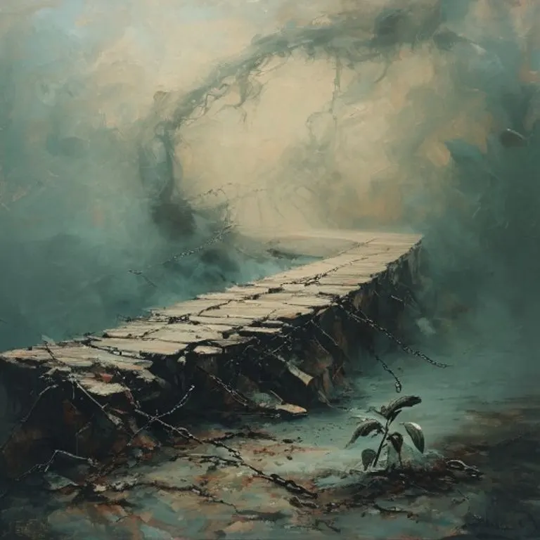 Pintura al óleo conceptual de un puente fragmentado que se disuelve en la niebla, con cadenas rotas y una planta marchita, simbolizando el desapego y la pérdida.