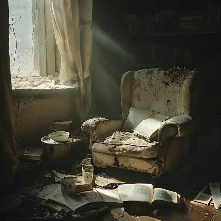 Fotografía cinemática de un sillón viejo y volcado en una habitación con libros esparcidos y una taza de café sucia, simbolizando el descuido personal y el estancamiento.