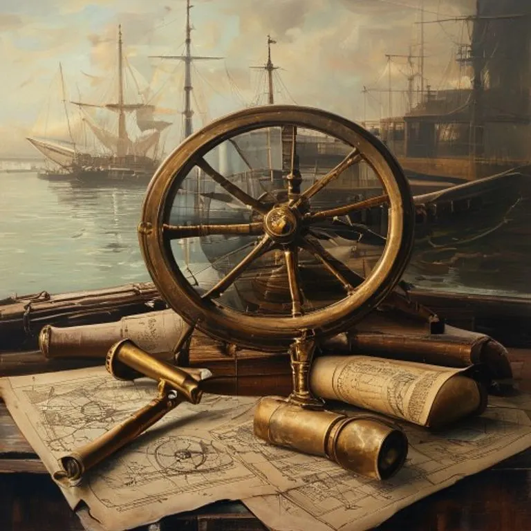 Pintura al óleo de un bodegón con un timón de barco vintage, cartas marítimas antiguas y un telescopio de latón, con un puerto borroso al fondo.
