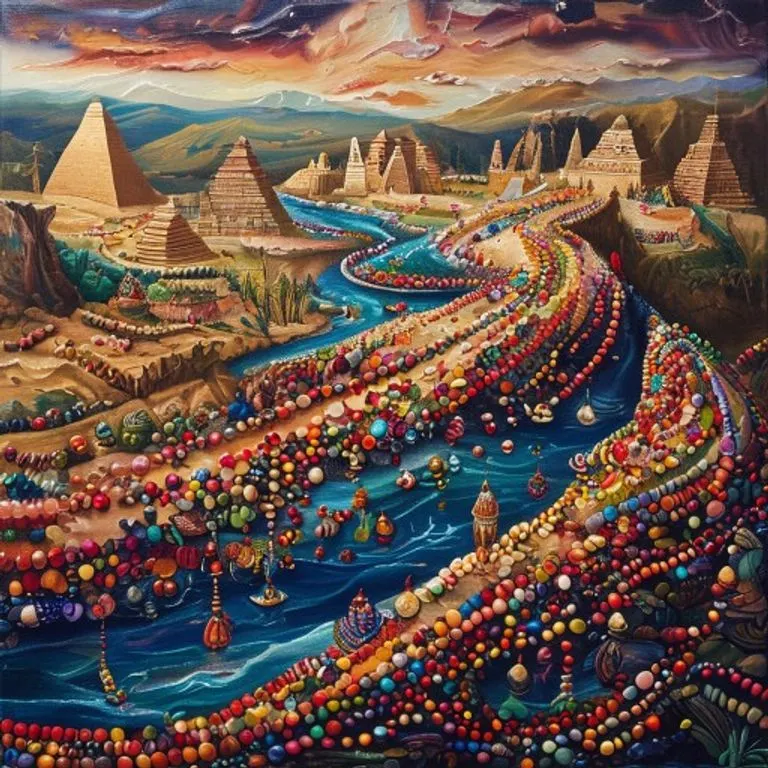 Pintura al óleo conceptual de rutas comerciales antiguas, representadas por un río de abalorios coloridos que fluye a través de un paisaje estilizado con monumentos históricos.