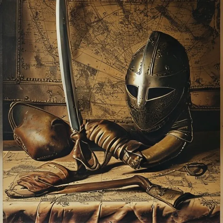 Ilustración estilo grabado antiguo de un florete y una máscara de esgrima cruzados sobre una mesa de terciopelo, con un mapa antiguo de fondo.