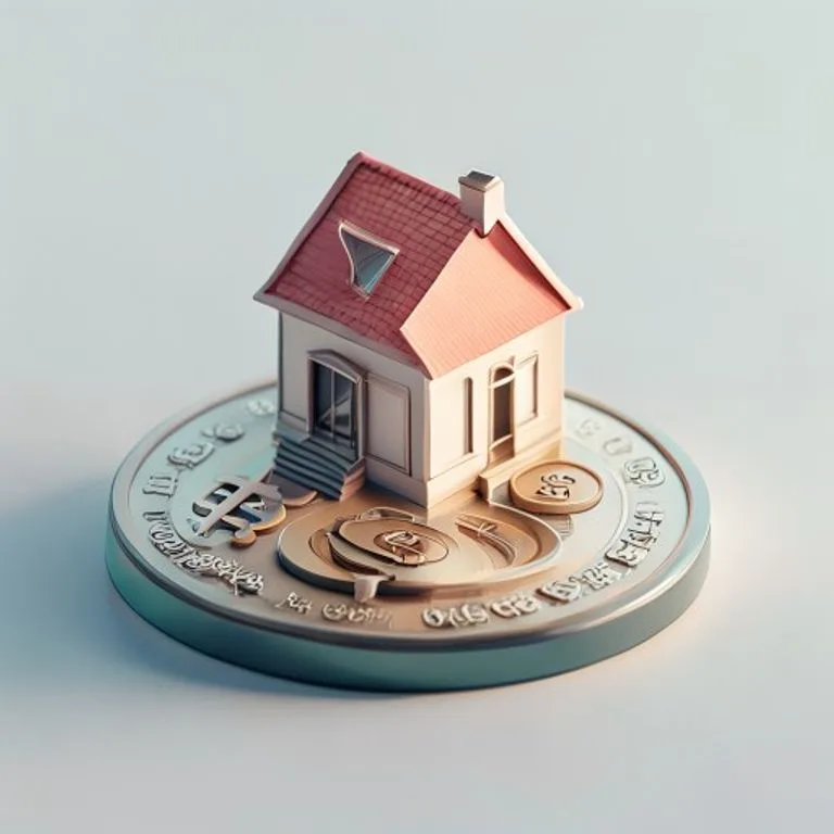 Renderizado 3D isométrico de una pequeña casa de juguete sobre una moneda gigante, representando un pago inicial.