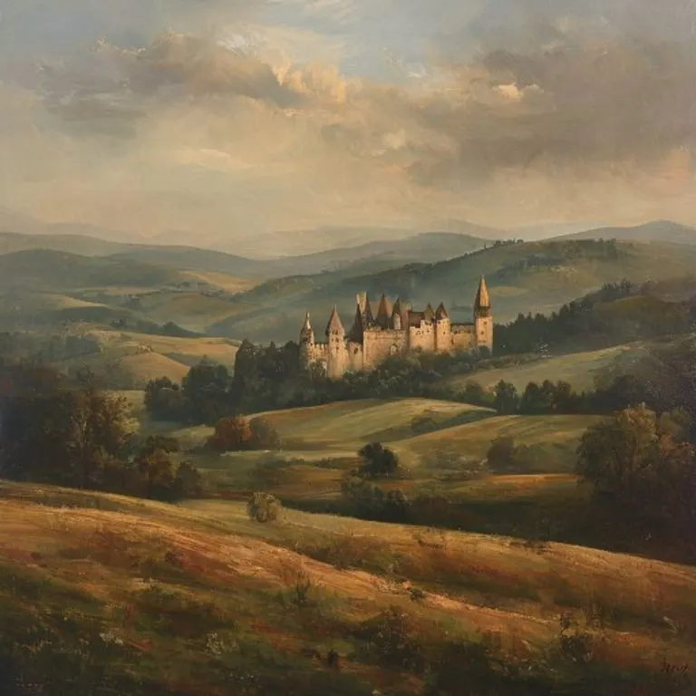 Pintura al óleo de un paisaje con una abadía medieval en el horizonte
