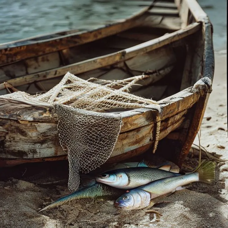 Bodegón fotográfico de la proa de un bote de pesca con una red y peces frescos sobre la arena, iluminado con luz natural.