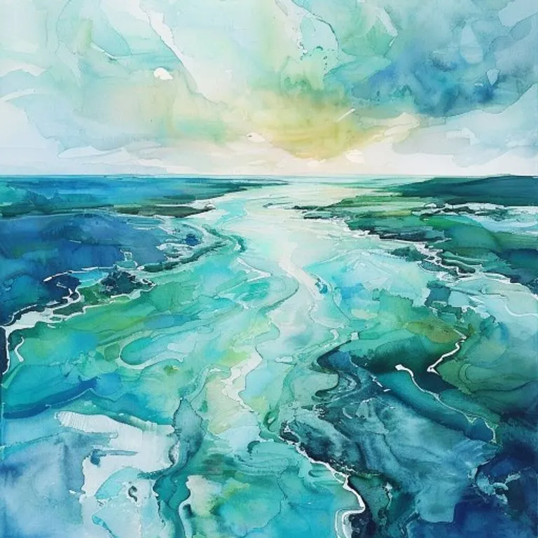Pintura de acuarela abstracta que representa la unión de un río y el mar, con tonos azules y verdes fluidos y un horizonte sutil.