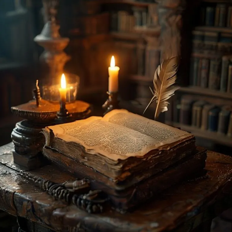 Fotografía cinematográfica de naturaleza muerta de un antiguo manuscrito iluminado abierto sobre un atril de madera, con una pluma y un tintero al lado, bajo una suave luz de velas, en un entorno de biblioteca polvorienta y silenciosa.