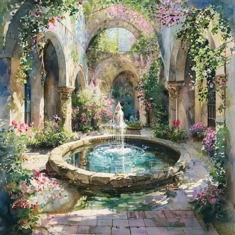 Pintura de acuarela de un tranquilo jardín de claustro con una fuente central, arcos que conducen a un patio sereno, flores en flor y una suave luz natural, creando una atmósfera tranquila y contemplativa.