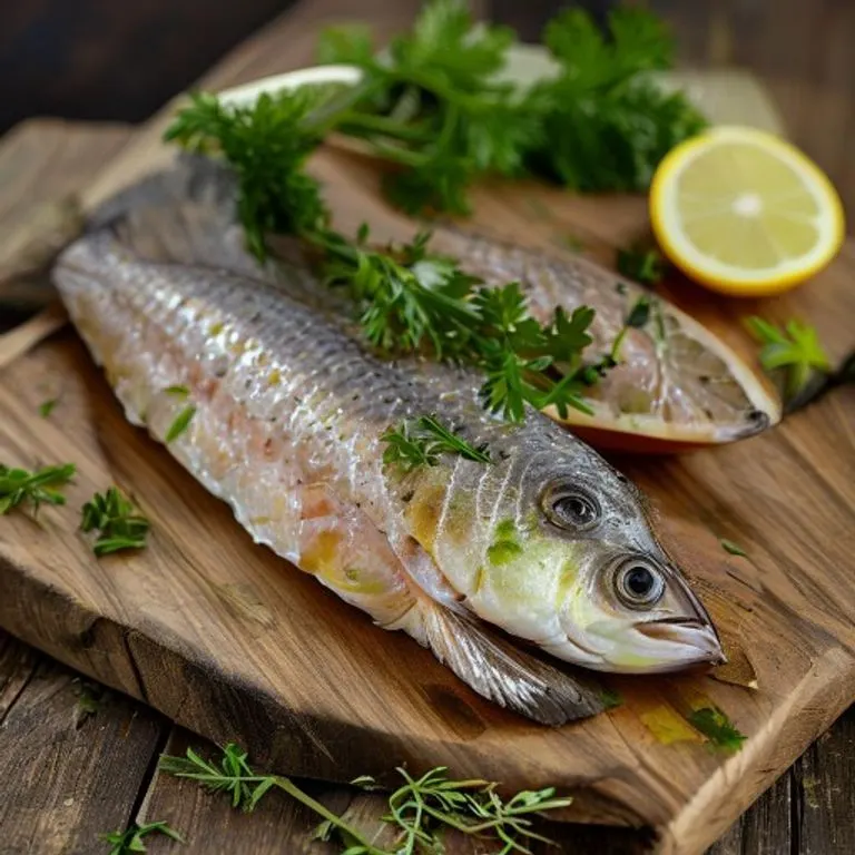 Tabla de cortar rústica con un abadejo fresco, hierbas y limones, listo para cocinar en un entorno de cocina.