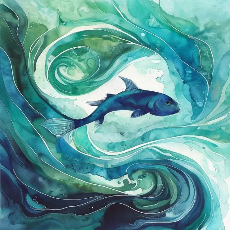 Pintura abstracta de acuarela con tonos azules y verdes, representando el ecosistema marino y la silueta de un pez abadejo.