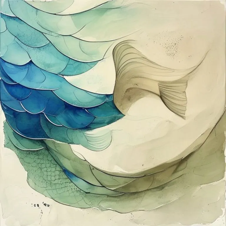 Pintura abstracta en acuarela que representa sutilmente el océano y escamas de pez en un lado, y una curva facial en tonos sepia en el otro.