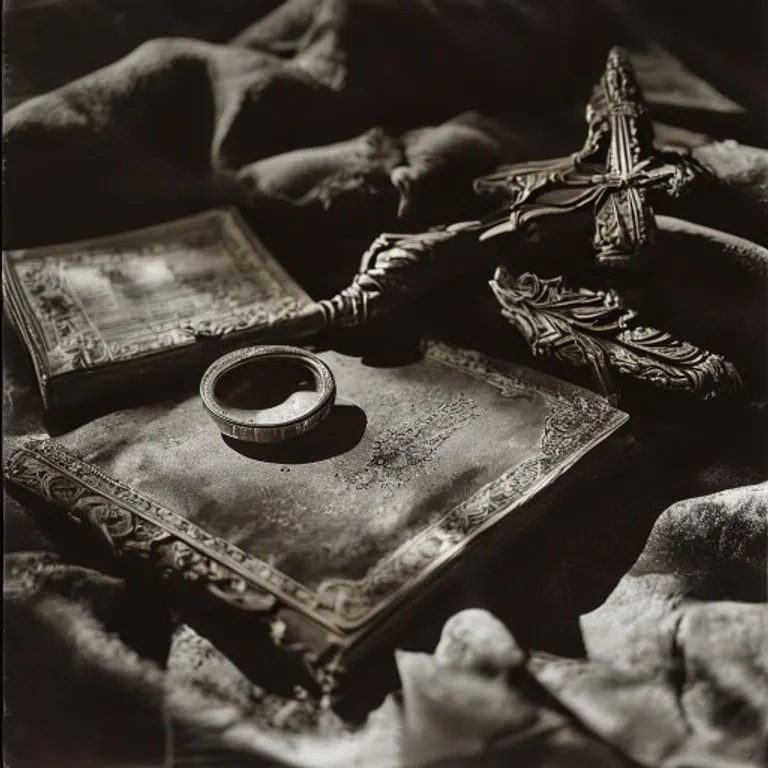 Fotografía vintage de un anillo de plata, un libro de reglas monásticas y la cabeza de un báculo de madera, símbolos del cargo de abadesa.