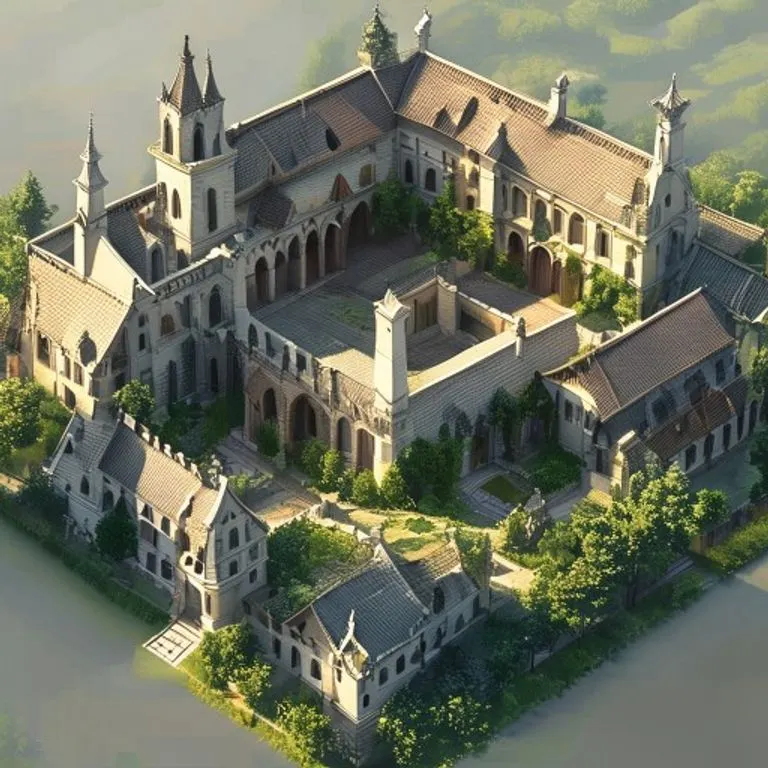 Render 3D isométrico de un complejo monástico medieval, mostrando el claustro y edificios circundantes bajo una luz suave.