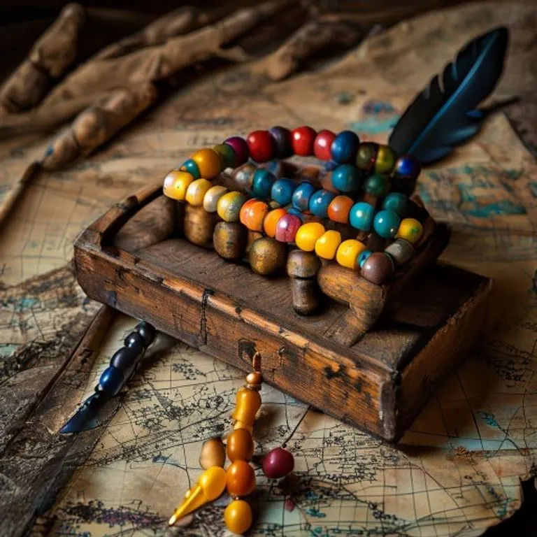 Antiguo ábaco de madera con cuentas coloridas sobre un mapa de pergamino, con plumas y tinta, bajo una luz histórica.