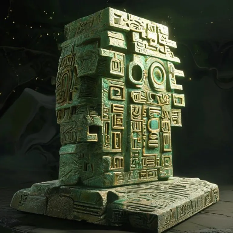 Renderizado 3D de un ábaco Nepohualtzintzin de jade y oro, flotando sobre una tablilla de piedra con glifos mesoamericanos, con un brillo etéreo.