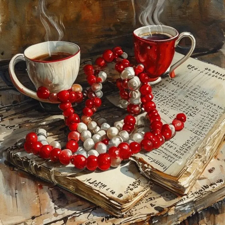 Pintura de acuarela de un ábaco ruso schoty con cuentas rojas y blancas, en una mesa rústica de madera, con una taza de té y un libro de contabilidad vintage.