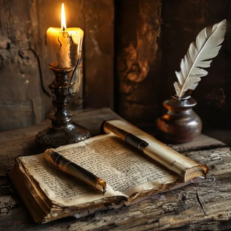 Manuscrito medieval abierto sobre un atril de madera, pluma y tintero, luz de vela suave, texturas ricas, ambiente académico.