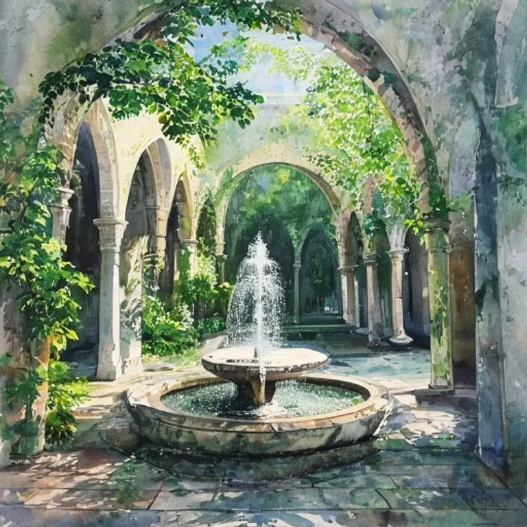 Pintura de acuarela de un tranquilo jardín de claustro con fuente central, arcos que conducen a patios interiores, follaje verde suave, ambiente pacífico y contemplativo.