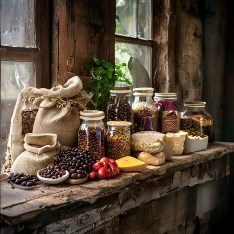 Bodegón de abarrotes tradicionales: sacos de granos, frascos de especias, frutas secas y quesos artesanales sobre una mesa rústica.