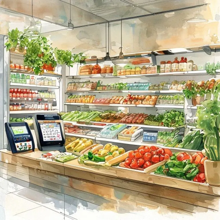 Pintura acuarela de un interior de tienda de comestibles moderna y limpia con estantes llenos de productos frescos y orgánicos.