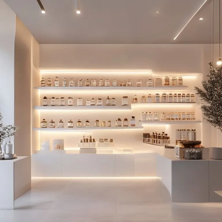 Ilustración digital 3D de un interior de abacería moderno y minimalista, estantes blancos limpios que exhiben productos gourmet cuidadosamente dispuestos en envases elegantes, iluminación LED sutil, enfoque en la diversidad de productos y el diseño contemporáneo, precisión geométrica.