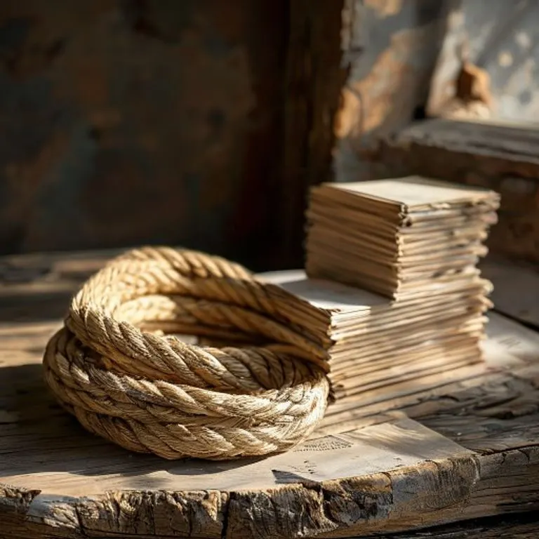 Fotografía de bodegón de una bobina de cuerda de cáñamo de Manila sobre una mesa de madera rústica, junto a una pila de papeles especiales con marca de agua, con luz suave.