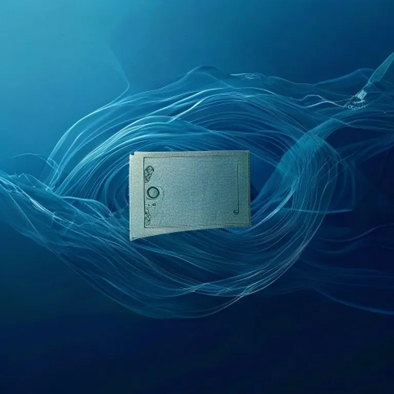 Arte conceptual de un billete de banco inmaculado hecho de fibra de abacá, que brilla sutilmente, rodeado de líneas abstractas que representan agua y durabilidad, sobre un fondo azul oscuro.