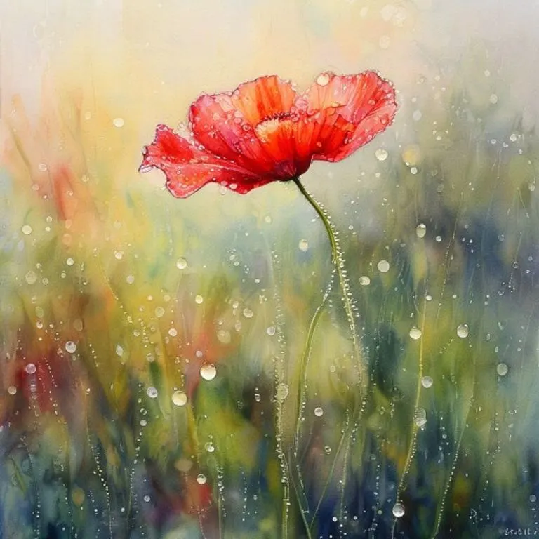 Pintura acuarela de una amapola roja con gotas de rocío en un prado.