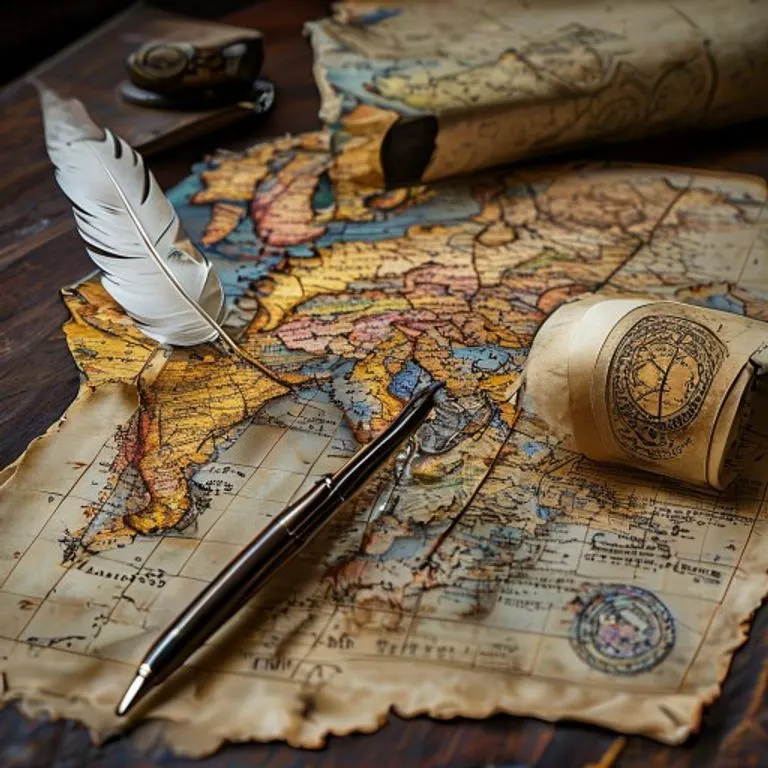 Fotografía de bodegón de un mapa antiguo de Europa del siglo XVI, una pluma de ave y un pergamino sellado sobre una mesa de madera oscura, con iluminación suave y detalles históricos.