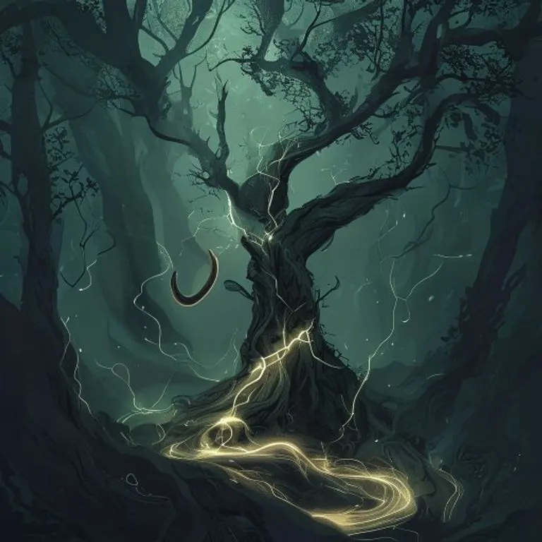 Ilustración conceptual de raíces entrelazadas de un bosque antiguo, con formas abstractas y sutiles destellos etéreos, un pequeño elemento con forma de cuerno apenas visible, en colores profundos de bosque y atmósfera mística.