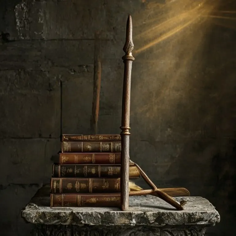 Fotografía de bodegón de un báculo pastoral ornamentado apoyado en una pila de libros antiguos de cuero sobre un pedestal de piedra, simbolizando liderazgo espiritual y conocimiento.