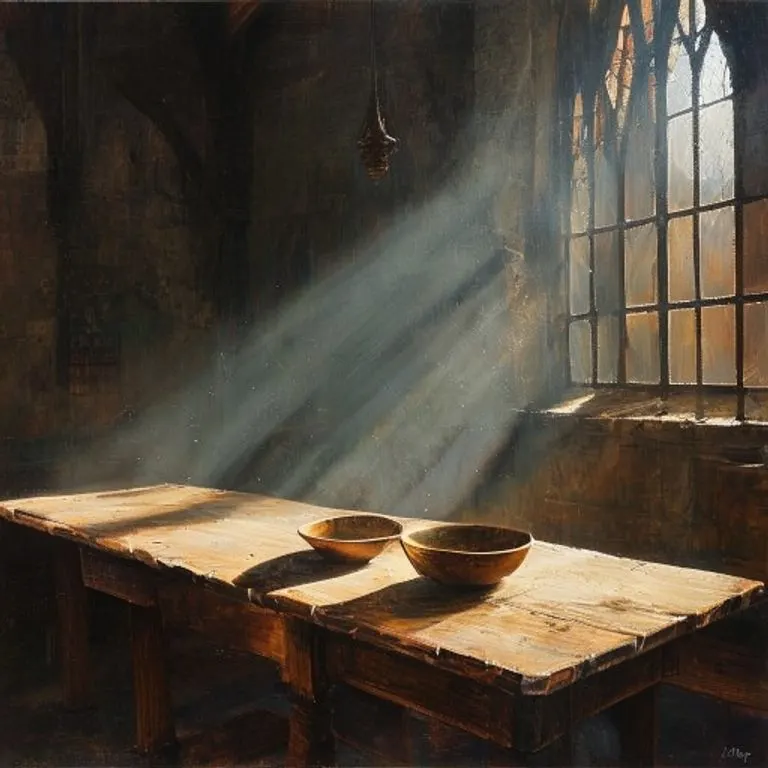 Pintura al óleo de una mesa de refectorio solitaria y vacía en un comedor monástico medieval, con la luz del sol entrando por una ventana arqueada, creando una atmósfera contemplativa y tranquila.