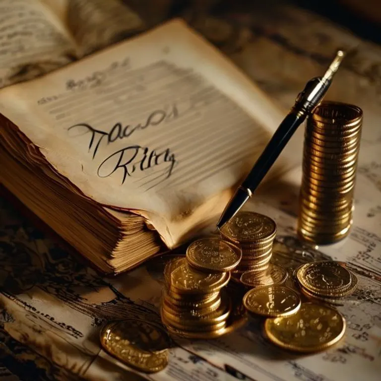 Bodegón cinematográfico de un antiguo libro contable abierto con 'AAA Rating' escrito a mano, junto a monedas de oro y una pluma estilográfica vintage, todo iluminado con luz cálida, evocando confianza y estabilidad financiera.
