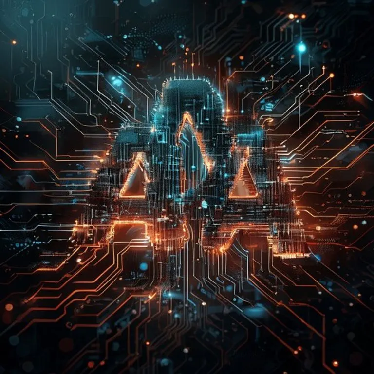 Arte conceptual de una placa de circuito estilizada formando tres A interconectadas, con flujos de datos brillantes, representando protocolos de autenticación, autorización y contabilidad en ciberseguridad, sobre un fondo oscuro de patrones de red abstractos.