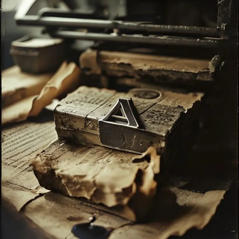 Fotografía vintage de una imprenta antigua con un bloque de tipo 'A' metálico, rodeado de manuscritos y tinta.