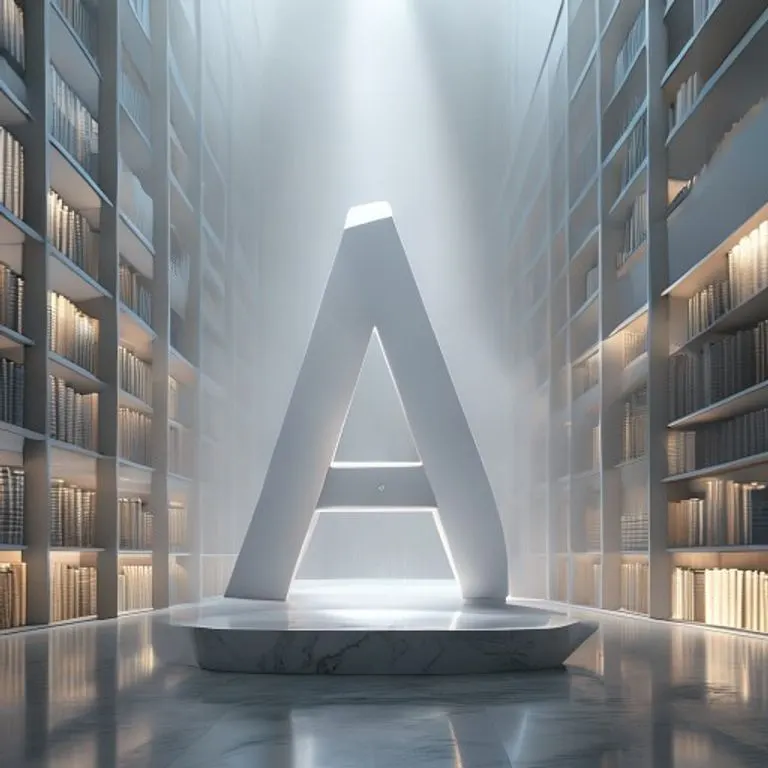 Renderizado 3D de una escultura minimalista de la letra A en una biblioteca futurista, con iluminación suave.