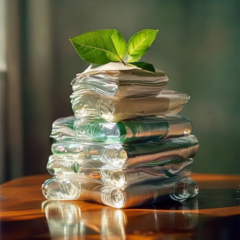 Fotografía de bodegón de materiales reciclados cuidadosamente apilados, como botellas de plástico, latas de aluminio y cartón, sobre una mesa de madera, con una hoja verde encima.