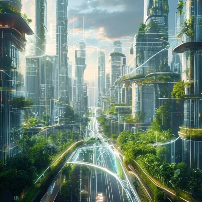 Arte conceptual de una ciudad futurista con edificios integrados en granjas verticales y fuentes de energía renovable, con una red de tubos transparentes transportando materiales en un bucle cerrado.