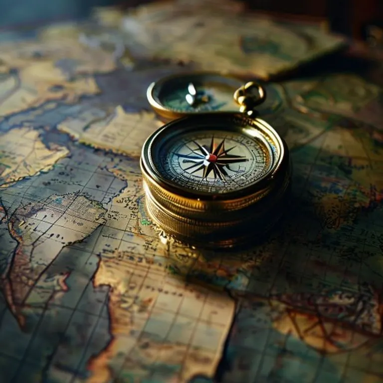 Monedas de diferentes países apiladas sobre un mapa mundial con una brújula antigua.