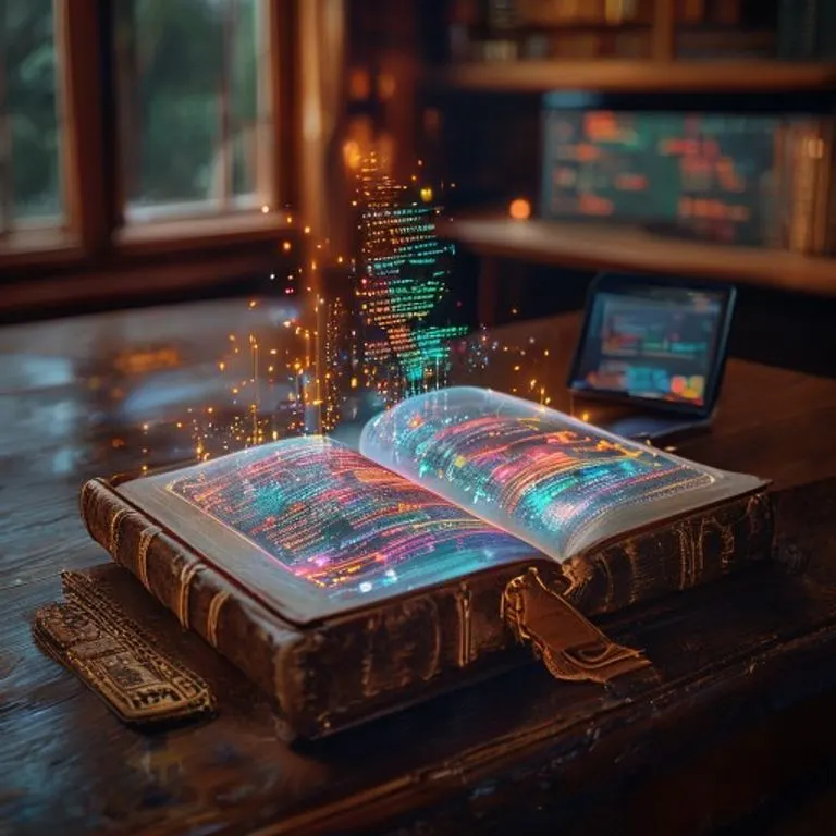 Fotografía de bodegón de un libro abierto con proyecciones holográficas de código y un tablet, simbolizando el aprendizaje de nuevas habilidades digitales.