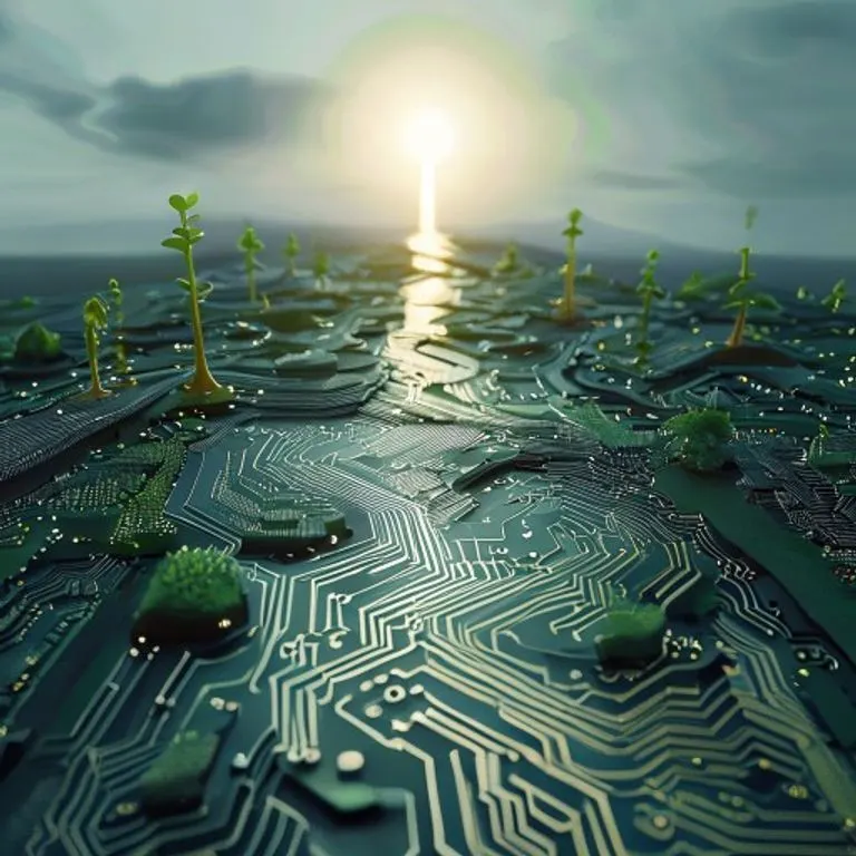 Render 3D conceptual de un camino hecho de circuitos electrónicos que simboliza el avance profesional en la era digital.