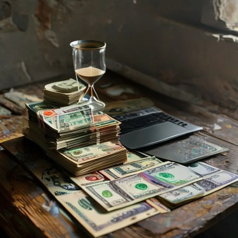 Laptop desgastada, billetes de varias monedas, taza de café y reloj de arena en un escritorio de madera