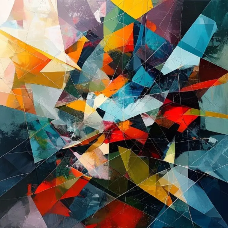 Pintura digital abstracta con formas geométricas fragmentadas y colores contrastantes