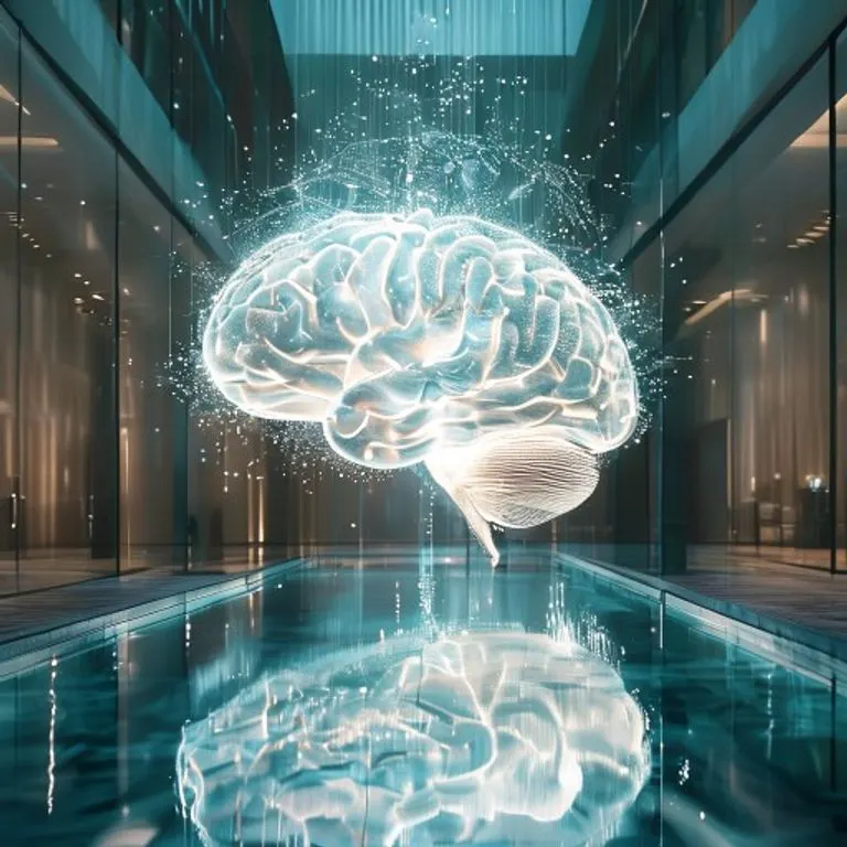 Representación conceptual de un cerebro luminoso sobre agua tranquila, simbolizando la claridad mental y la paz en el ámbito laboral.