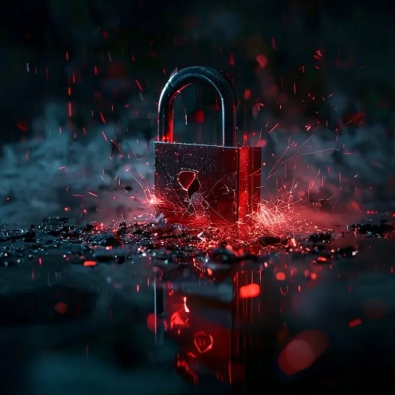 Fotografía cinemática de un candado digital destrozado en fragmentos de datos luminosos, rodeado de una neblina digital oscura y ominosa.