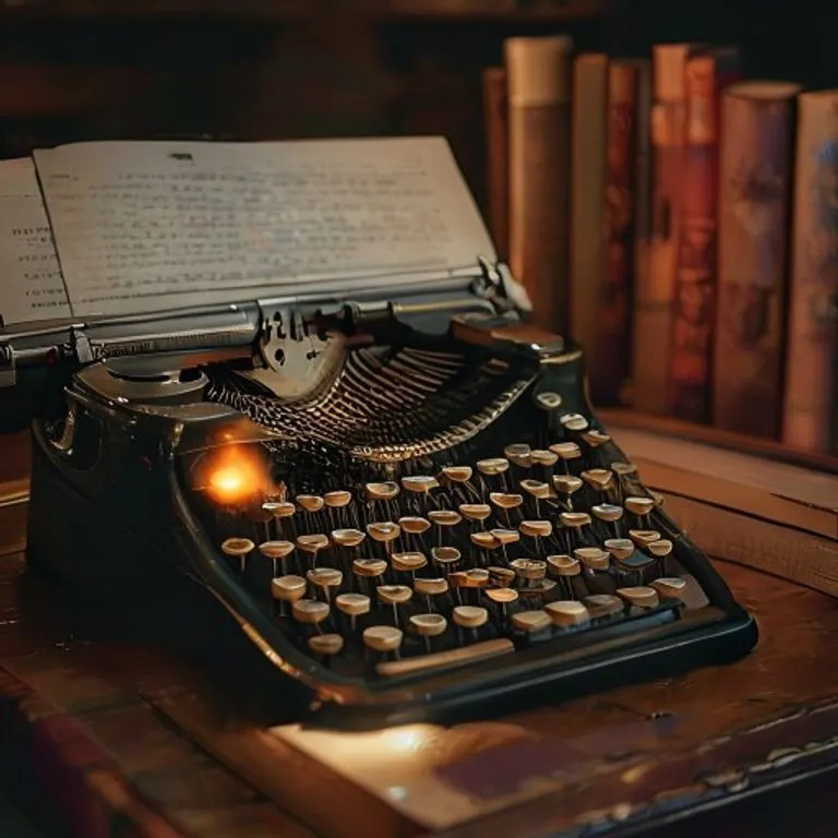 Fotografía cinematográfica de naturaleza muerta: una máquina de escribir antigua junto a un smartphone moderno, ambos mostrando palabras fragmentadas y con una luz tenue.