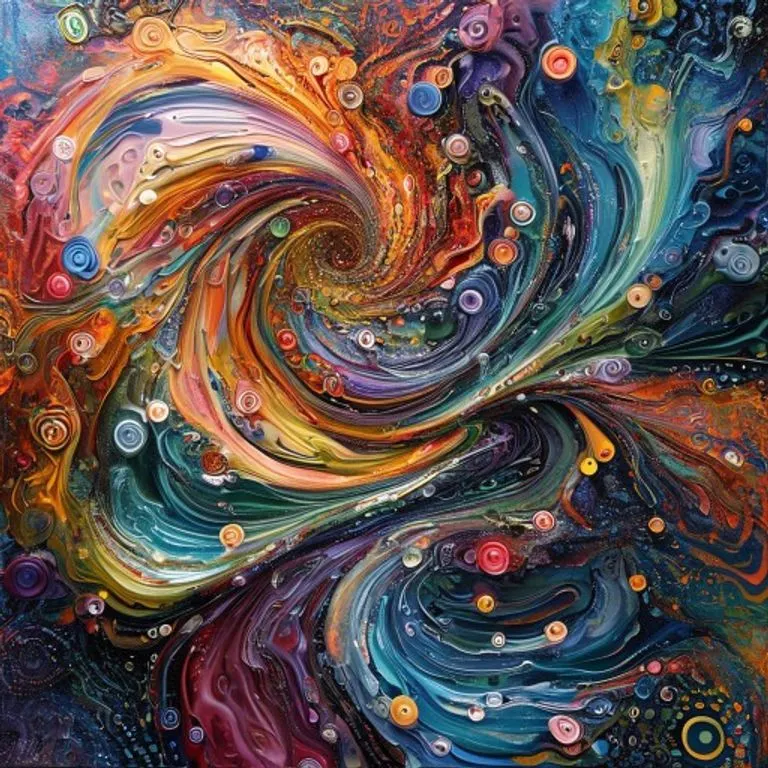 Pintura de arte conceptual: un vórtice vibrante de formas abstractas y colores, representando nuevas palabras que se fusionan con un río de lenguaje establecido, con patrones de circuitos.